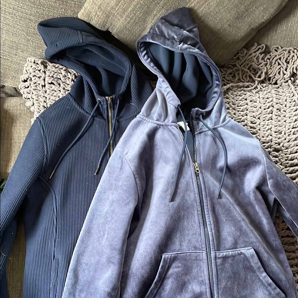 Set of two blue hoodies ribbed and velvet zip ups with pockets s and xs